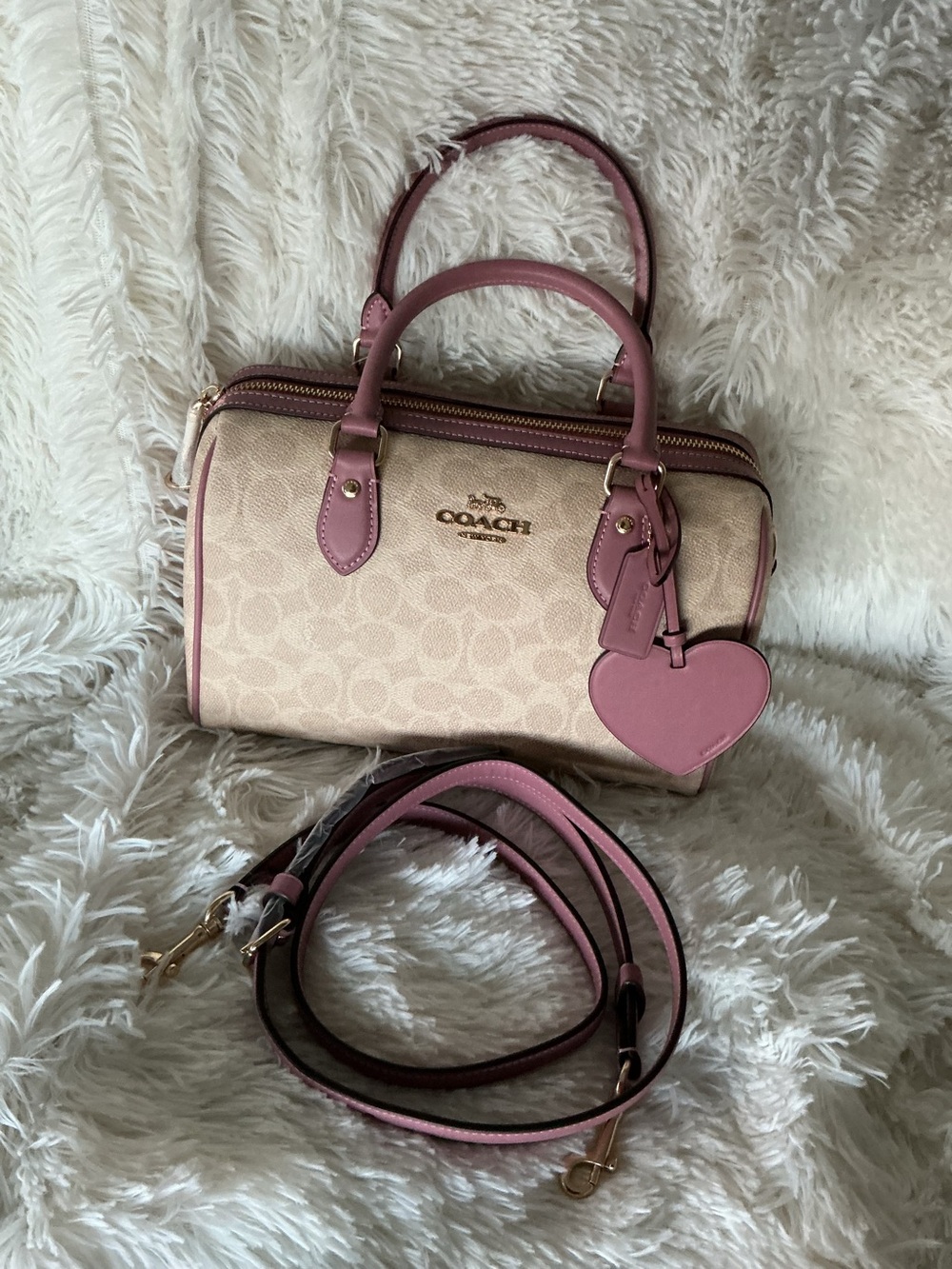 COACH Signature Heart Charm Rowan Satchel in Sand/Peony
